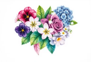 African violet, Daisy, Lily of the valley, Rose, hydrangea in a flower pot. Light color shading tattoo idea