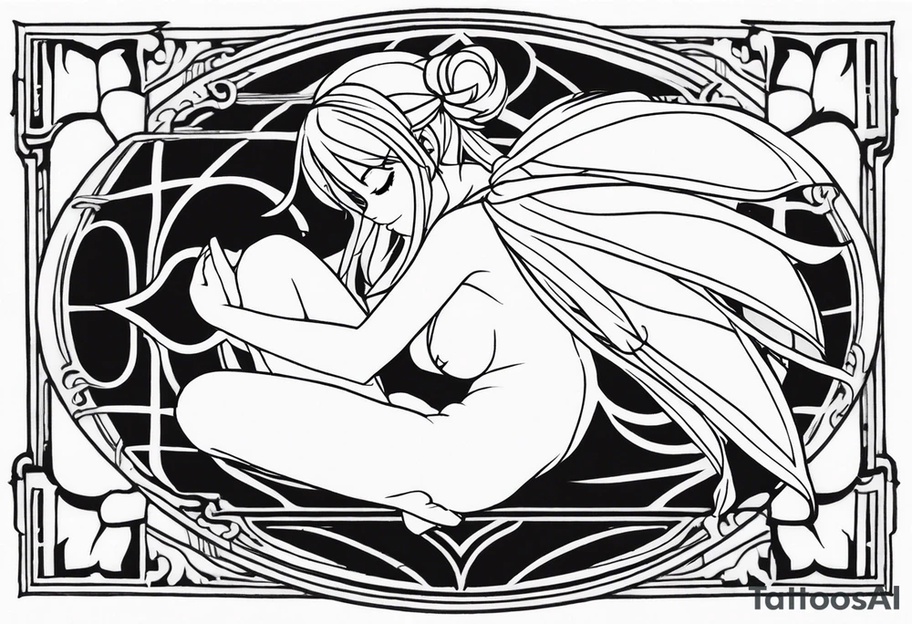No color fairy with a tail inspired by the logo of the anime show called Fairy Tail in a fetal position leaning in and forward while sleeping tattoo idea