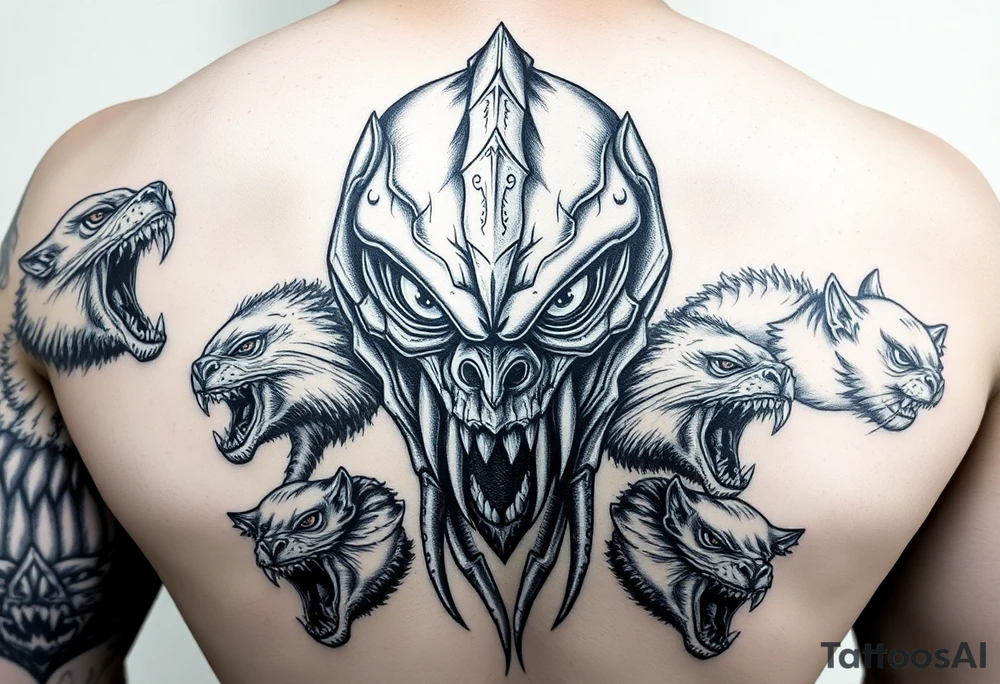 powerful majestic giant with a alien eyes and teeth like a sabertooth , surrounded by vicious animals but not from earth tattoo idea