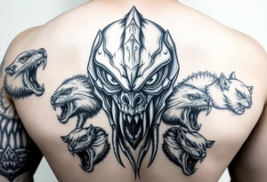 powerful majestic giant with a alien eyes and teeth like a sabertooth , surrounded by vicious animals but not from earth tattoo idea