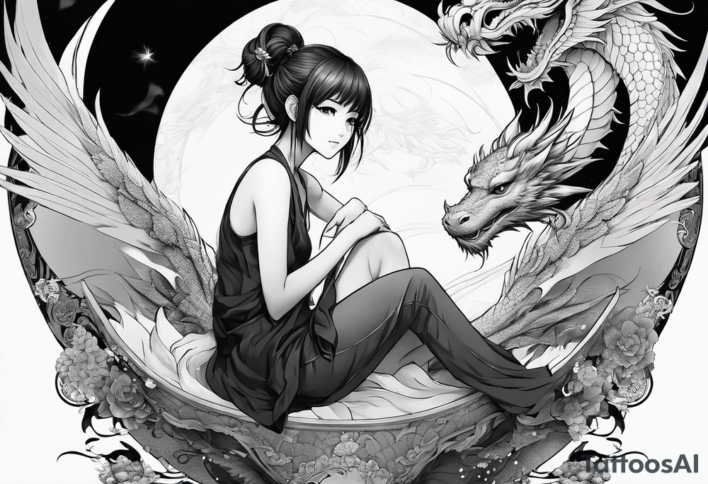 a full shot of an anime girl seen from far, sitting on a sphere and surrounded by asian dragon with wings tattoo idea