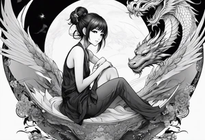 a full shot of an anime girl seen from far, sitting on a sphere and surrounded by asian dragon with wings tattoo idea