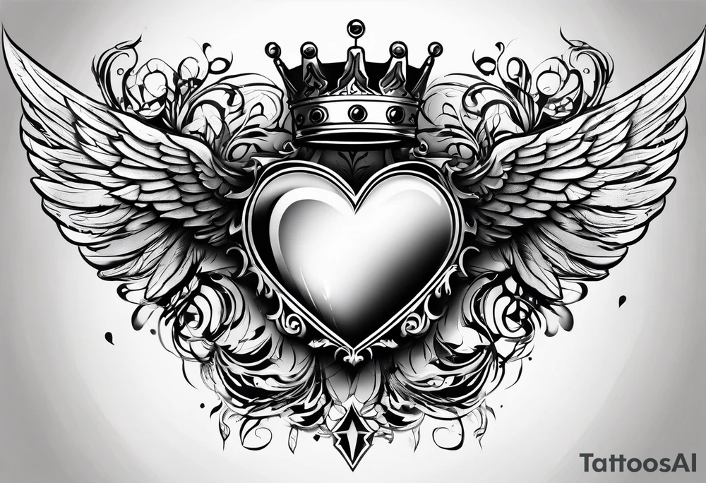 Heart, kings crown and wings tattoo idea