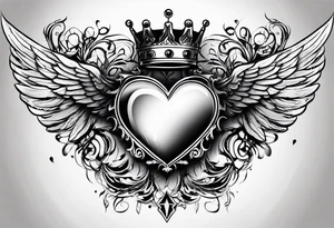 Heart, kings crown and wings tattoo idea