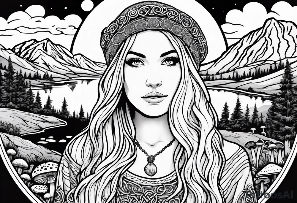 Whole picture encircled fully

Straight long blonde hair hippie girl in distance holding mushrooms in hand facing away toward mountains and creek surrounded by mushrooms long sleeve shirt and hiking pants; whole rendering within a full celtic circle border, no cut off circle tattoo idea