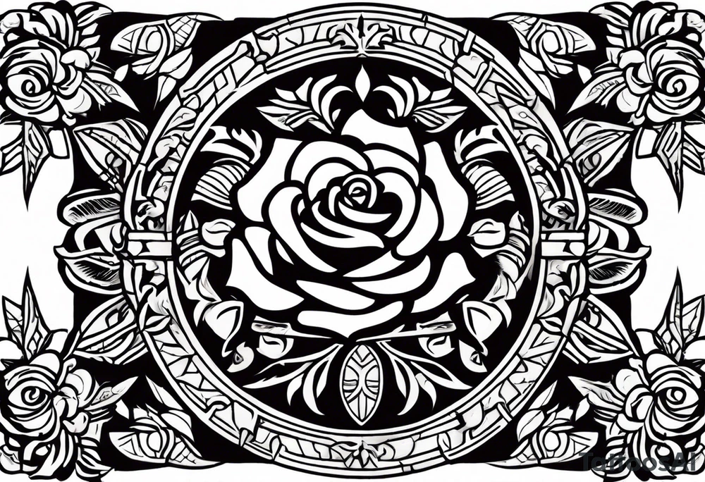 Design a masculine tattoo depicting three delicate rose buds being embraced and protected by 
Aztec weapons. The weapons should include elements such as the macuahuitl (Aztec sword-club), obsidian blades, and Mayan calendar, arranged in a way that forms a protective circle or embrace around the roses. Carve the entire image as if it were a stone sculpture by an ancient Aztec artist, with the texture resembling intricately detailed stone carvings. The roses should be slightly softer but still stylized in stone, giving the entire tattoo a powerful, yet artistic and ancient feel. Use bold, sharp lines to capture the essence of Aztec craftsmanship tattoo idea