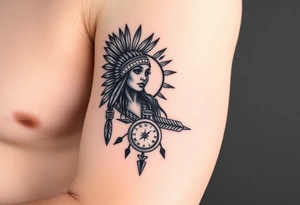 Native American girl with headdress in the sun a compass and a clock and arrowhead tattoo idea