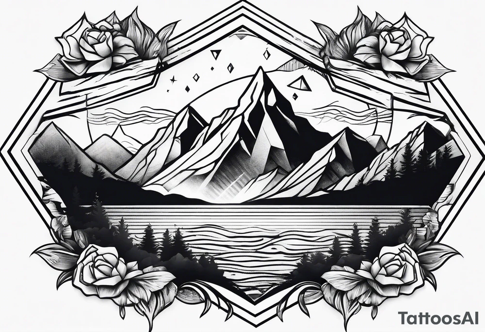 Mountains and ocean waves diamond shape tattoo idea
