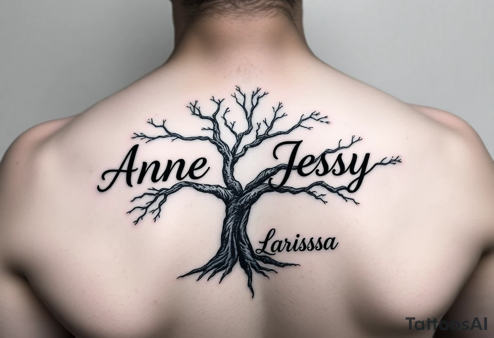 the name, Anne, Jessy
 on a live tree the name Larissa under the tree tattoo idea