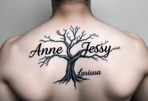 the name, Anne, Jessy
 on a live tree the name Larissa under the tree tattoo idea