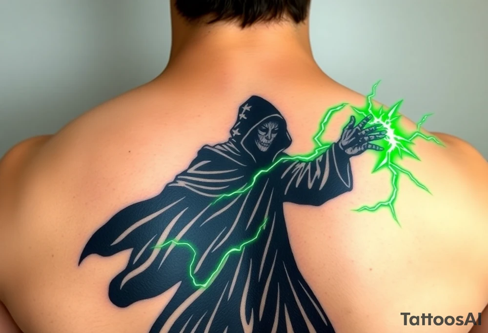 A black-robed Death Eater silhouette, casting a powerful green Avada Kedavra spell with lightning-like energy tattoo idea