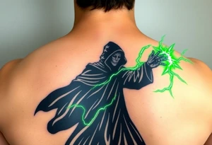 A black-robed Death Eater silhouette, casting a powerful green Avada Kedavra spell with lightning-like energy tattoo idea