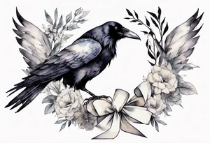 raven wearing a white ribbon around her foot tattoo idea