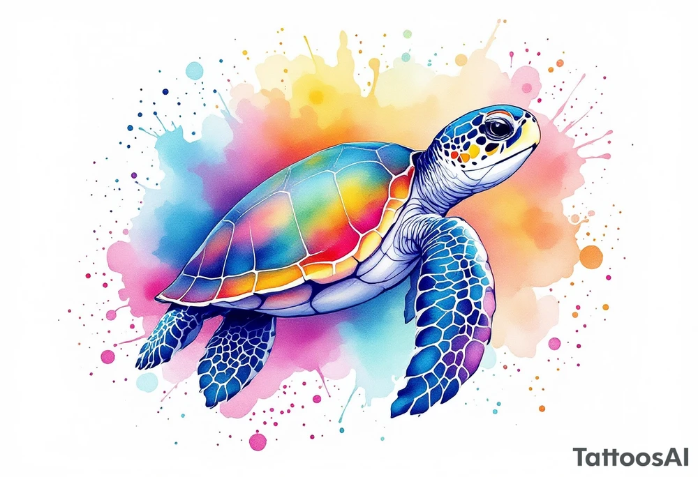 Sea turtle with rainbow watercolor splashes behind it tattoo idea