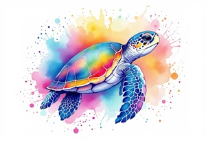Sea turtle with rainbow watercolor splashes behind it tattoo idea