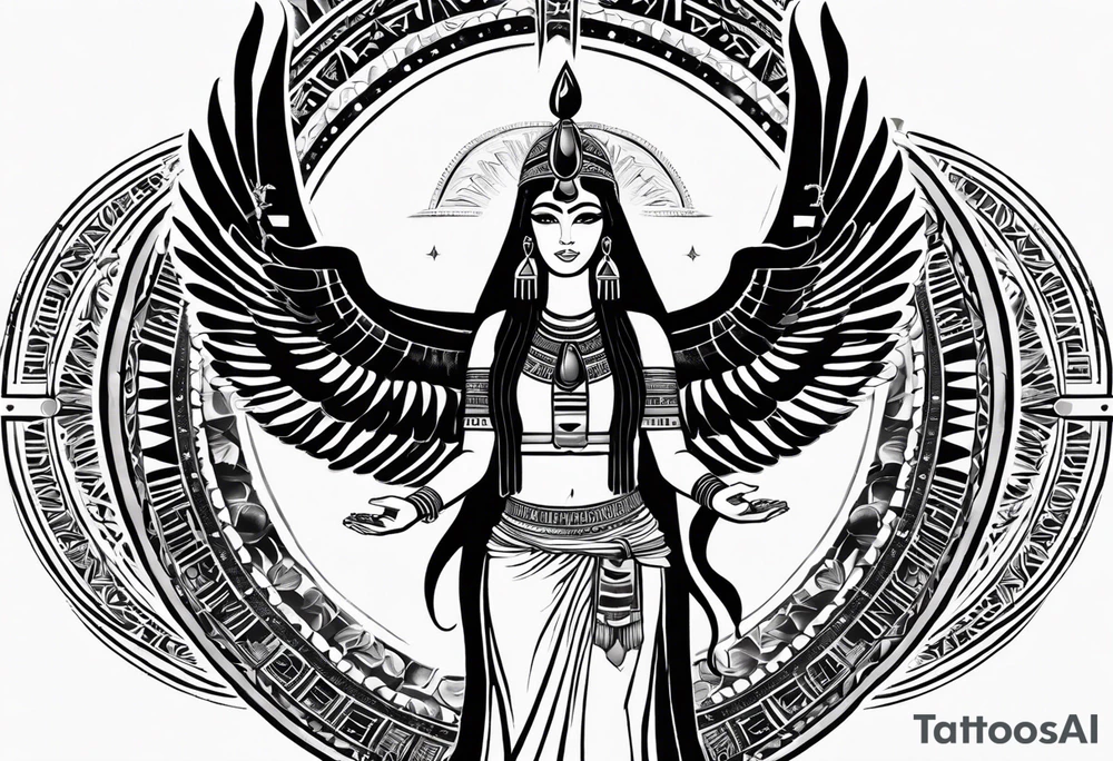 black and white Egyptian goddess Isis, who is often depicted as a woman with outstretched wings, holding an ankh (a symbol of life) in one hand and a lotus flower in the other. Her headdress often includes a throne or a solar disk. The tattoo design can vary in style and size, but it typically aims to capture the essence of this revered Egyptian deity, emphasizing her beauty, power, and maternal qualities. The choice of colors and additional elements can also be customized to create a unique and visually striking representation of the goddess Isis tattoo idea