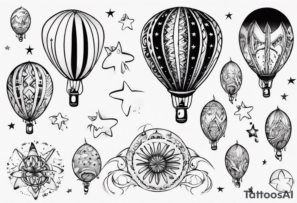 Hot water balloon with star and heart balloons and little girl inside dreaming tattoo idea