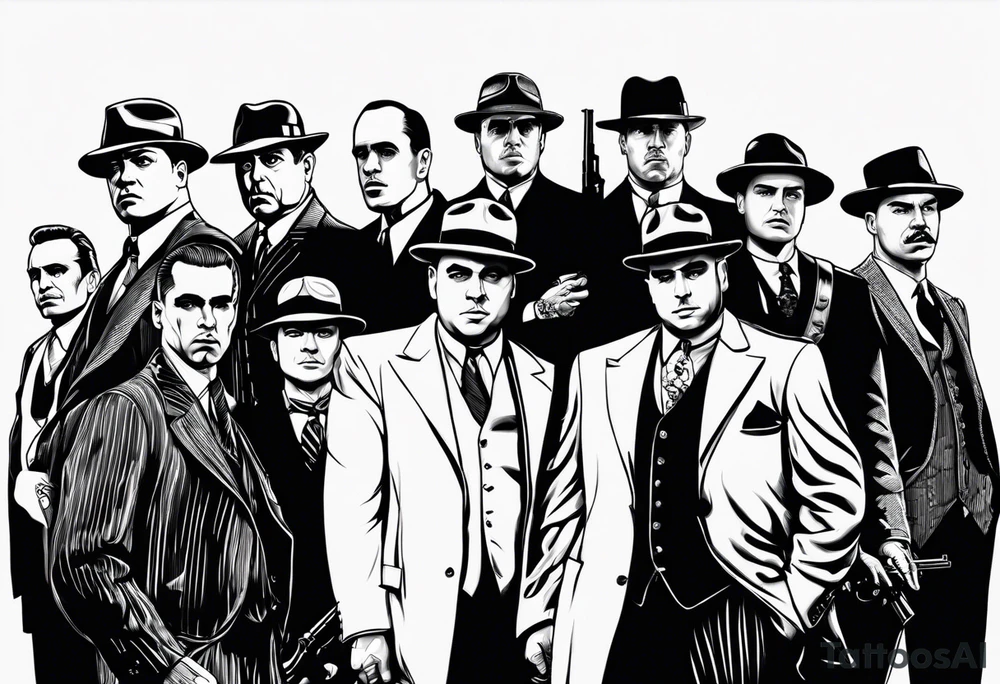 group of gangsters standing together including Al Capone, John Dillinger, Machine Gun Kelley, Bonnie and Clyde along with tommy guns tattoo idea