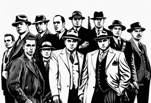 group of gangsters standing together including Al Capone, John Dillinger, Machine Gun Kelley, Bonnie and Clyde along with tommy guns tattoo idea