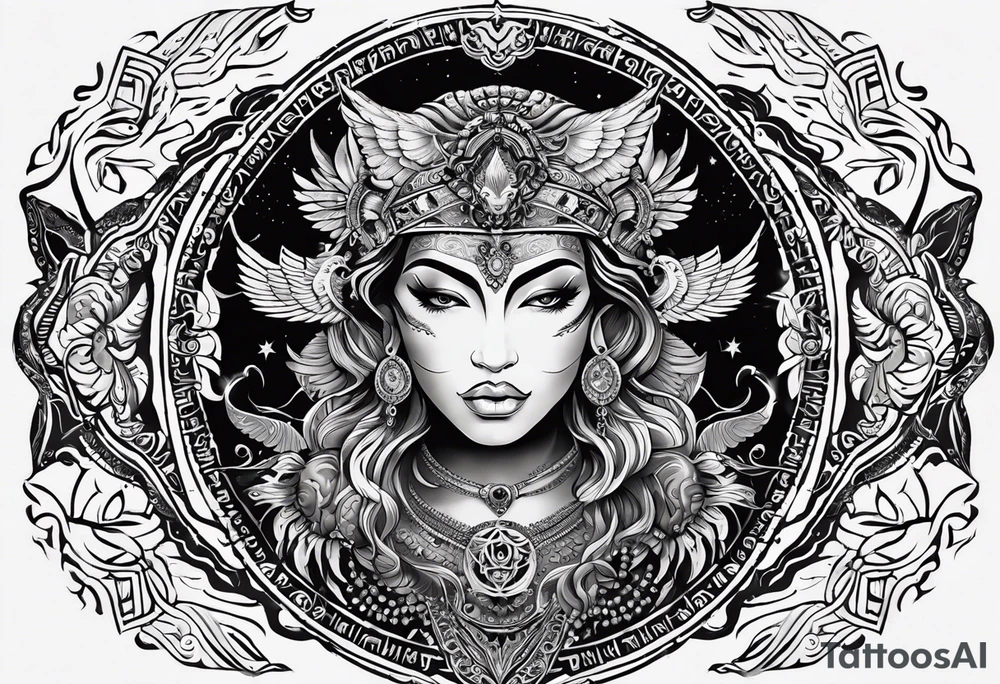 black kali, goddess pirate, alien, angel, pachamama, valkrye, warrior, flying, skull, lotus azul, wing, eagle, zenza resonance, stars, 5D, anahata chakra, death, durga, riding on a tiger, flying lady tattoo idea