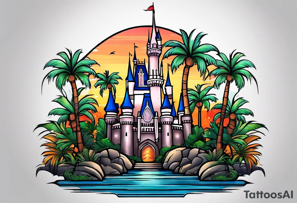 disney castle palm tree tattoo idea