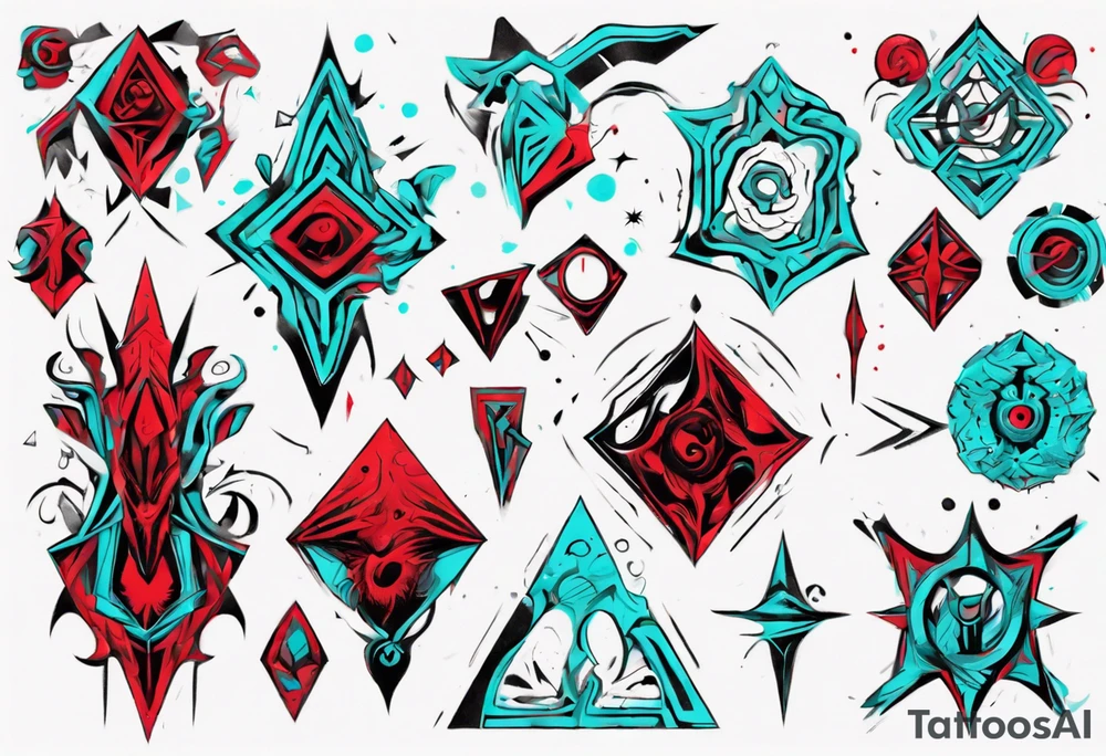 an art in the style of abstract, cutchulu, textured pigment planes, red and cyan, stencil art tattoo idea