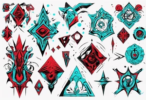 an art in the style of abstract, cutchulu, textured pigment planes, red and cyan, stencil art tattoo idea
