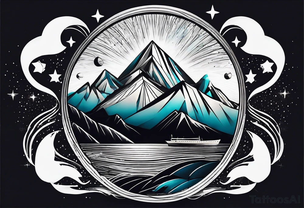 Mountain one Peak, sea waves, space with two littel coloured Stars, geometrical Forms, circle, diamond surrounding scenery with dashed lines overlapping tattoo idea
