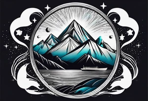 Mountain one Peak, sea waves, space with two littel coloured Stars, geometrical Forms, circle, diamond surrounding scenery with dashed lines overlapping tattoo idea