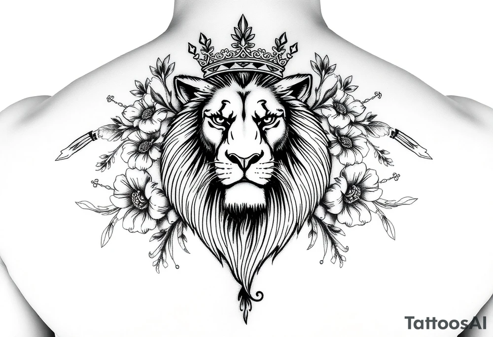 powerful majestic lion with a crown, surrounded by floral ornaments and birds tattoo idea