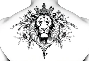 powerful majestic lion with a crown, surrounded by floral ornaments and birds tattoo idea