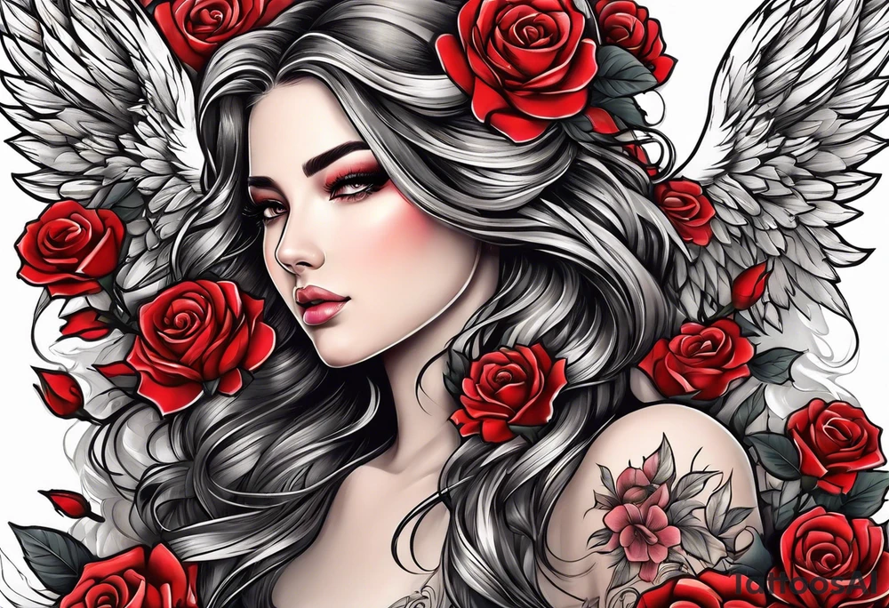 Beautiful woman angle with wings surrounded by roses tattoo idea