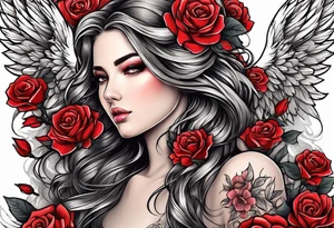 Beautiful woman angle with wings surrounded by roses tattoo idea