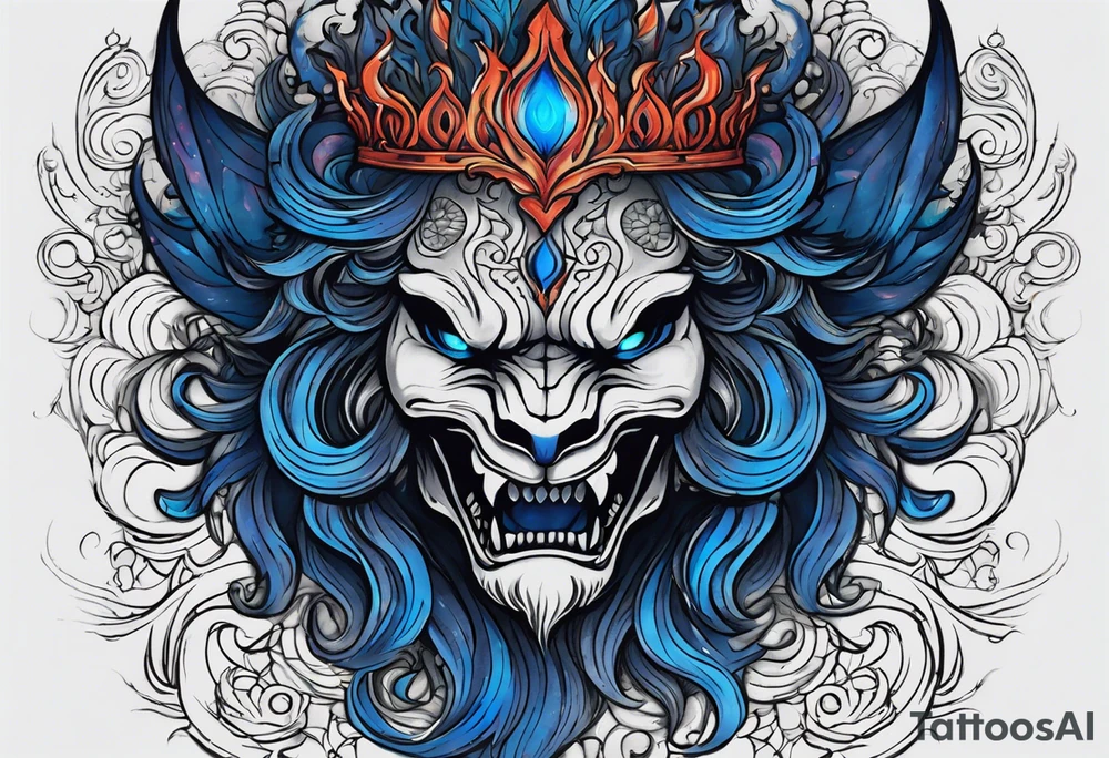 a demonic face with blue flames as majestic crown, deep set glowing galaxy styled eyes, skull faced with slightly open mouth and slight sliver of fangs. he is a royal blood like archangel, instead of hair, he has lion's styled mane of flames and braids of koru style. tattoo idea