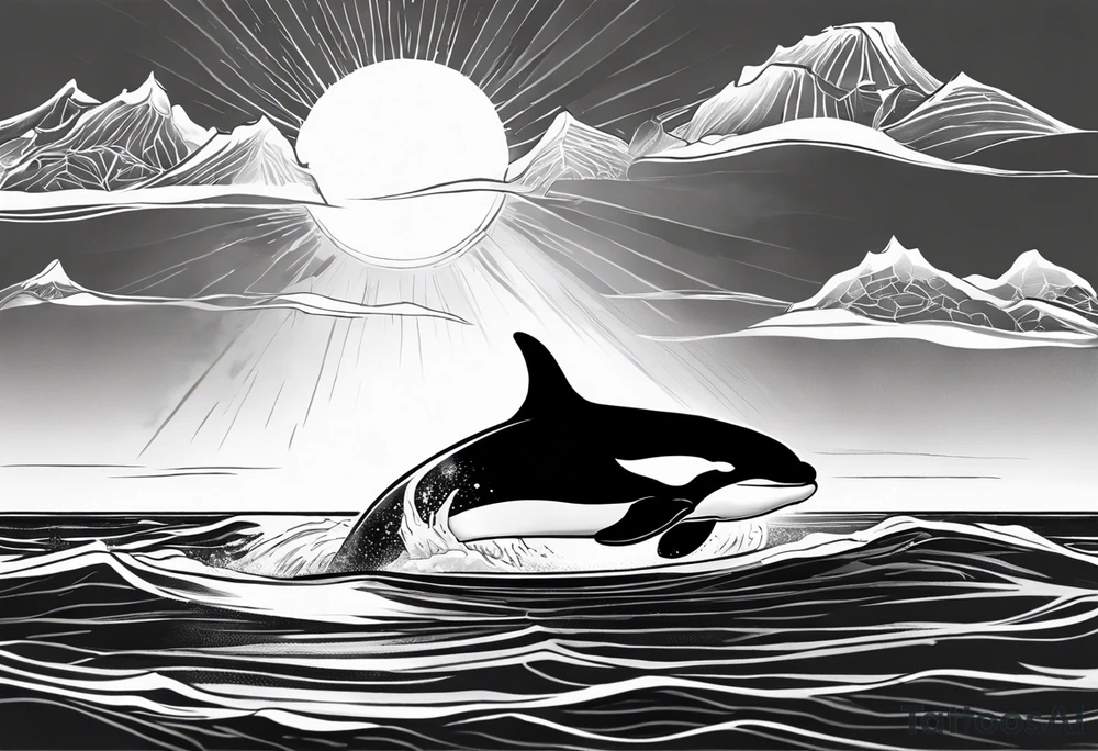 A male orca, black tattoo, 6-7 cm. sun beams in water, male orca diving down, tattoo viewpoint is half in water half out, maybe the big male dorsal fin is out of water on top if it looks good. maybe in a circle or square. underwater tattoo idea