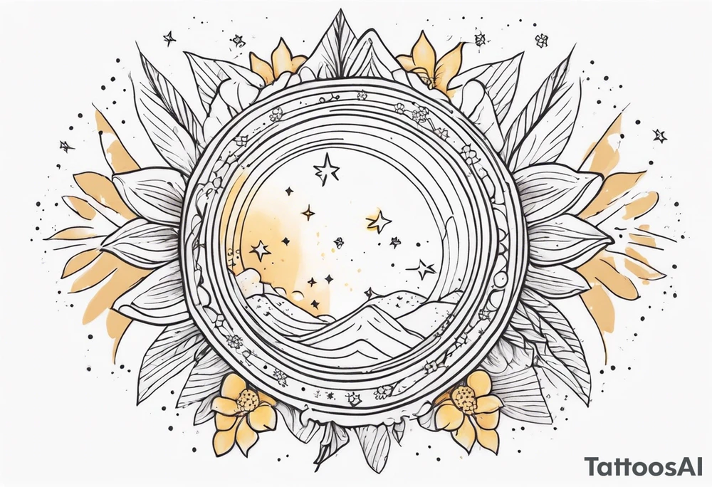 fine line with sun, stars, floral, dots. Sternum tattoo tattoo idea