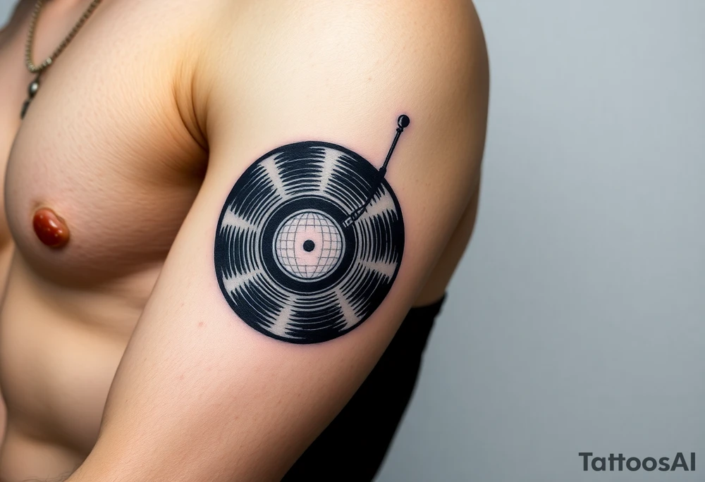 vinyl record player with a smaller disco ball to the side of it tattoo idea