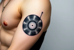 vinyl record player with a smaller disco ball to the side of it tattoo idea