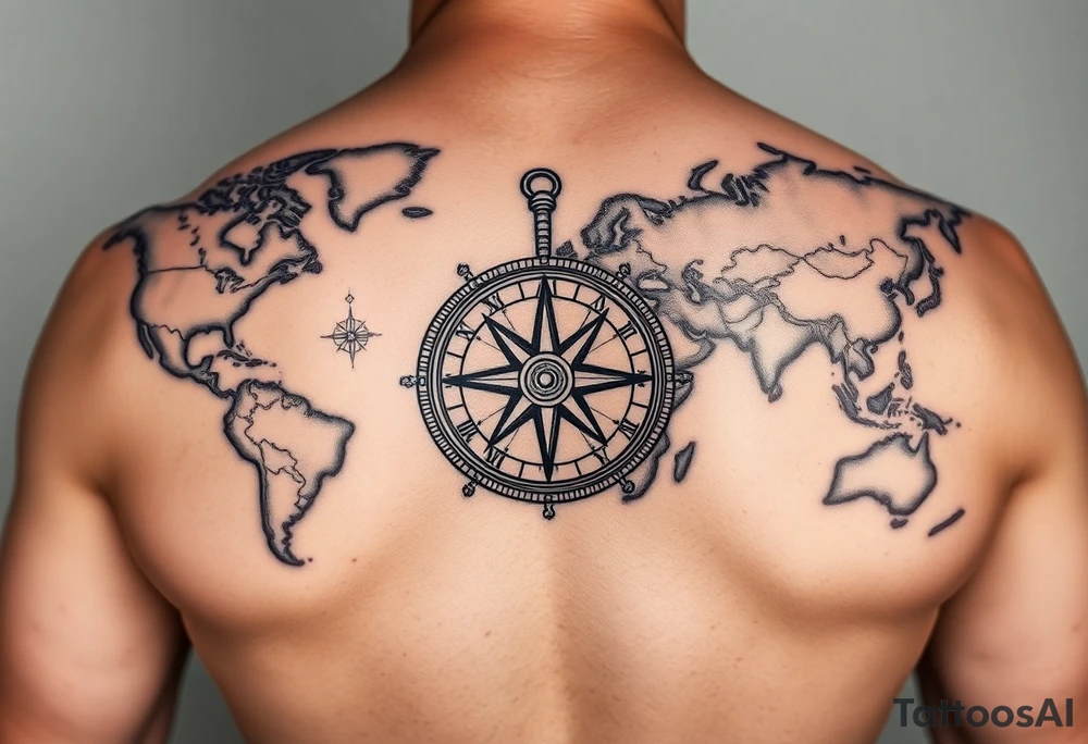 antique compass overlaid on weathered world map with Queen Anne's Revenge tattoo idea