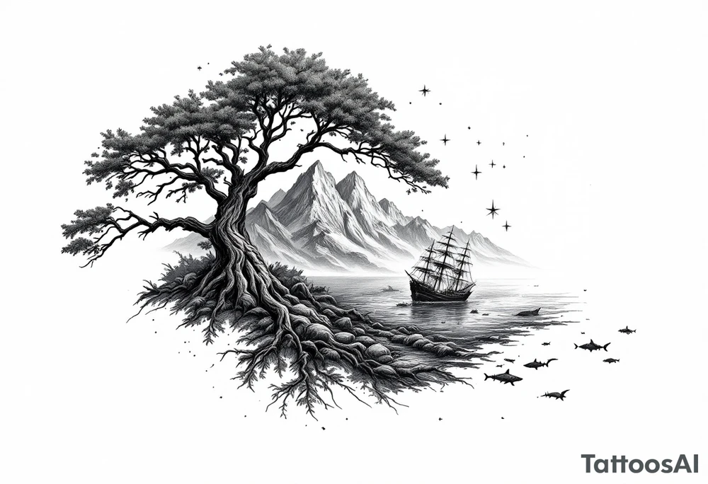 tattoo that has an acacia tree with mountains, ocean with a ship wreck with sharks and the northern star tattoo idea