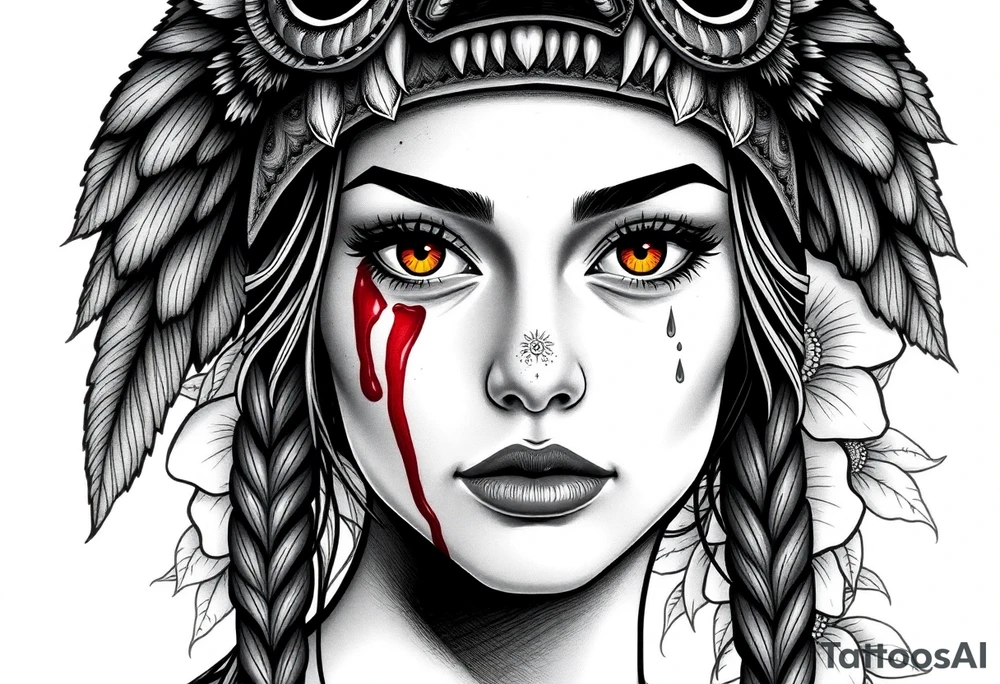 Young Symmetrical Beautiful Woman, looking forward, with colored eyes, shedding a tear, with battle scars and blood on face, with soft look, wearing a mean looking bear headdress on head, with flower background tattoo idea