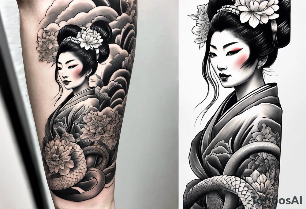 High contrast black and grey Japanese full arm tattoo, geisha on upper arm and snake with flowers going down the forearm imagine tattoo idea