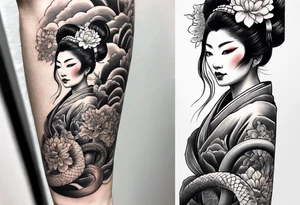 High contrast black and grey Japanese full arm tattoo, geisha on upper arm and snake with flowers going down the forearm imagine tattoo idea
