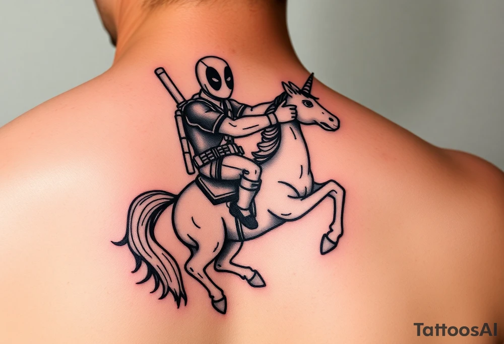 Deadpool riding unicorn pointing rocket propelled grenade launcher tattoo idea Deadpool riding unicorn pointing rocket propelled grenade launcher tattoo idea