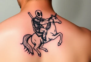 Deadpool riding unicorn pointing rocket propelled grenade launcher tattoo idea