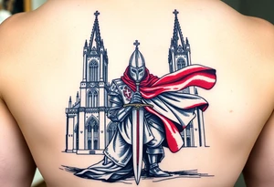 A knight kneeling before a grand Gothic cathedral, his sword planted into the ground, his white and red surcoat flowing in the wind tattoo idea