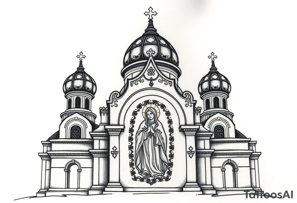 medium sized Russian orthodox church with bulb domes with a prominent russian orthodox coat of arms mosaic virgin mary tattoo idea