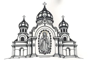 medium sized Russian orthodox church with bulb domes with a prominent russian orthodox coat of arms mosaic virgin mary tattoo idea