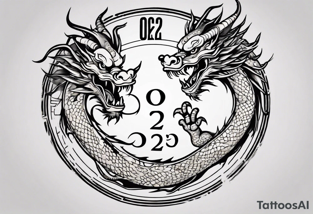 Chinese dragon in a circular shape with "02.03" written on its skin tattoo idea
