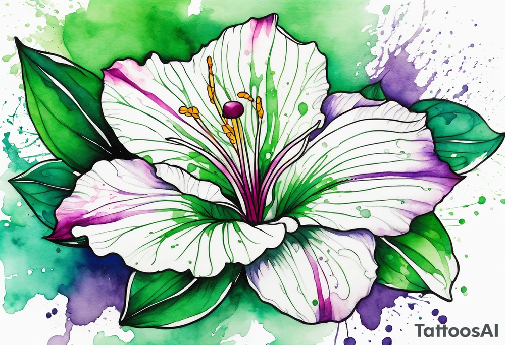 An outline of a green rio dipladenia flower and a green and purple watercolor splash in the background tattoo idea